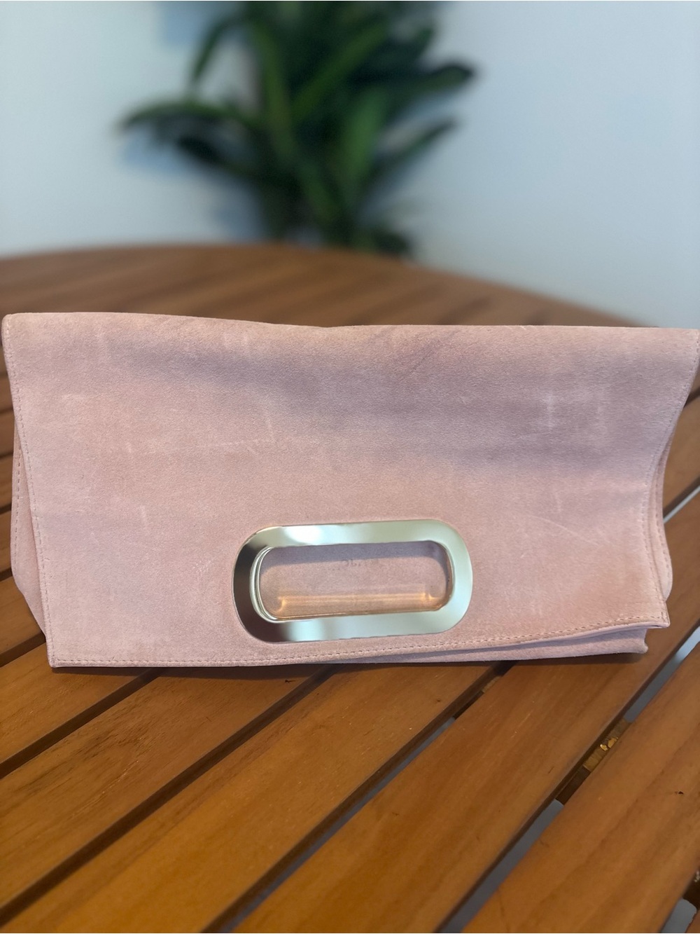 St. John Blush Pink Suede Fold-Over Clutch with Metal Handle